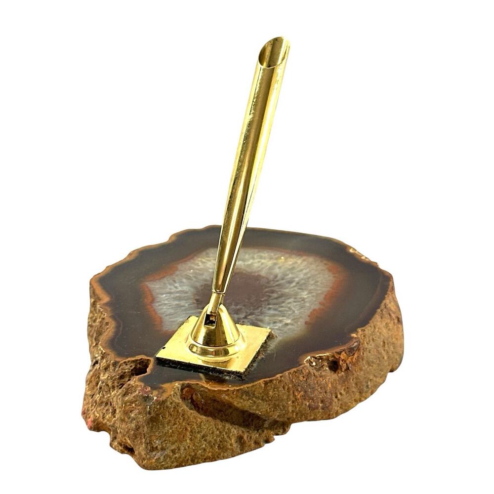 Vintage Manuel Russo Agate Slice Desk Pen Holder w/ Gold Tone Pen 5.5” - Picture 4 of 8